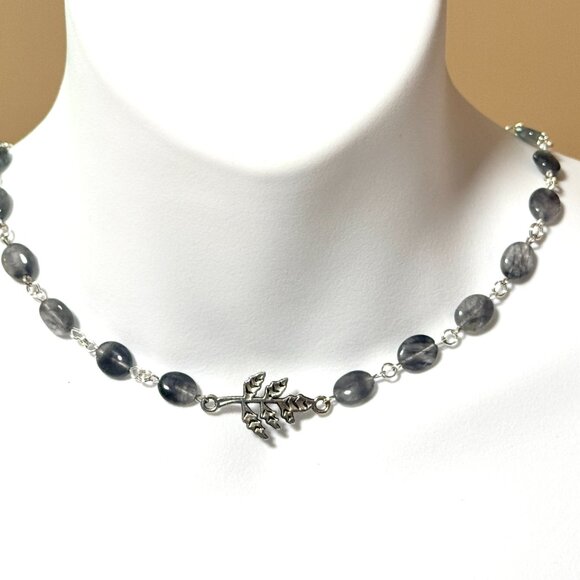 Genuine Grey Tourmalinated Quartz Short Necklace, Gemstone & Leaf Branch Pendant - Picture 2 of 14